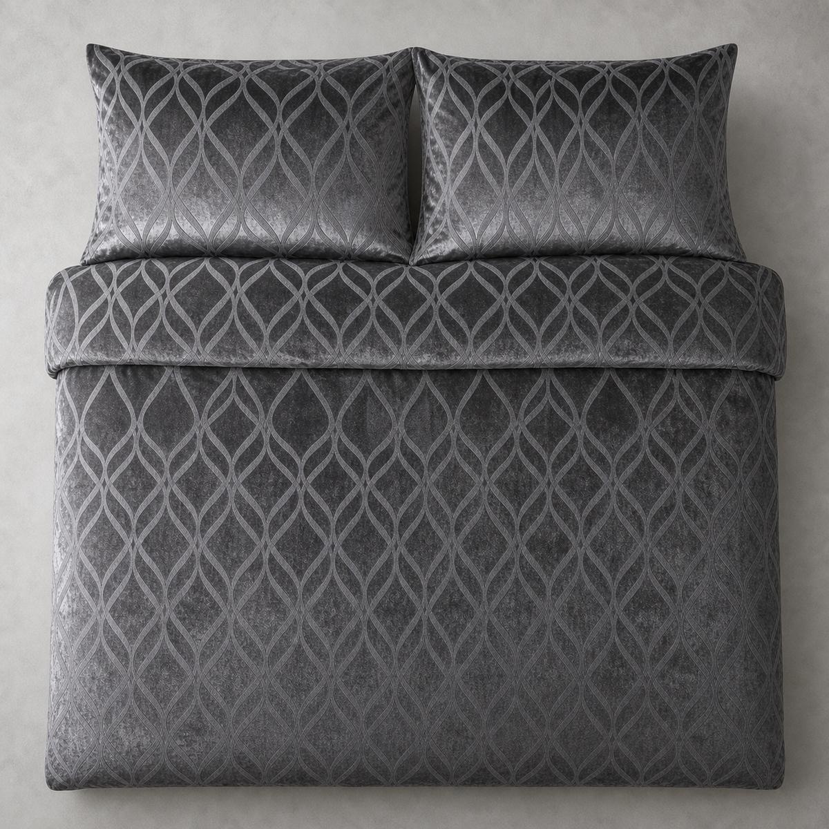 Overhead flat lay of the Belfort Velvet slate duvet cover set with two matching pillowcases