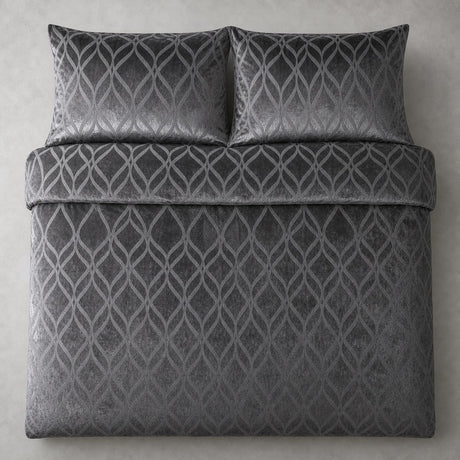 Overhead flat lay of the Belfort Velvet slate duvet cover set with two matching pillowcases
