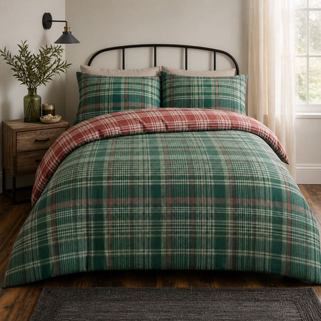 Bennet Check Cosy Flannelette Duvet Cover Set in green styled on a coordinated bedroom bed