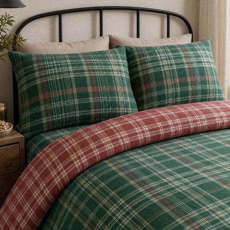 Close-up of Bennet Check Cosy Flannelette Duvet Cover Set in green pillowcases showing the print and fabric detail