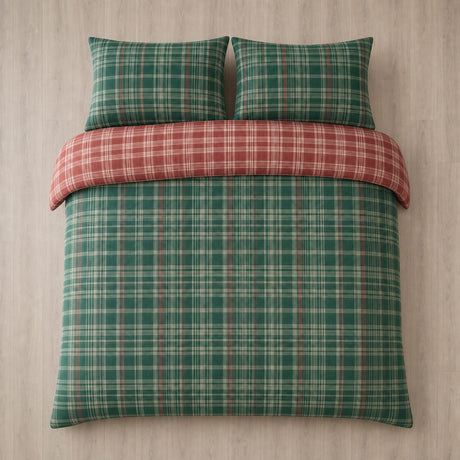 Overhead flat lay of the Bennet Check Cosy Flannelette Duvet Cover Set in green with two matching pillowcases
