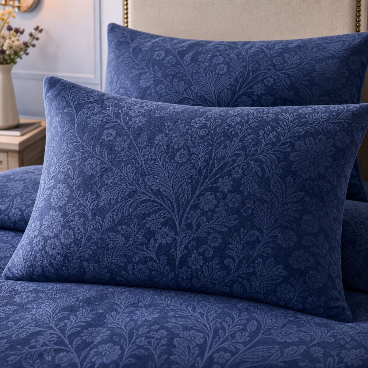 Close-up of matching Berkley Velvet Floral Duvet Cover Set pillowcases showing the pattern and fabric detail