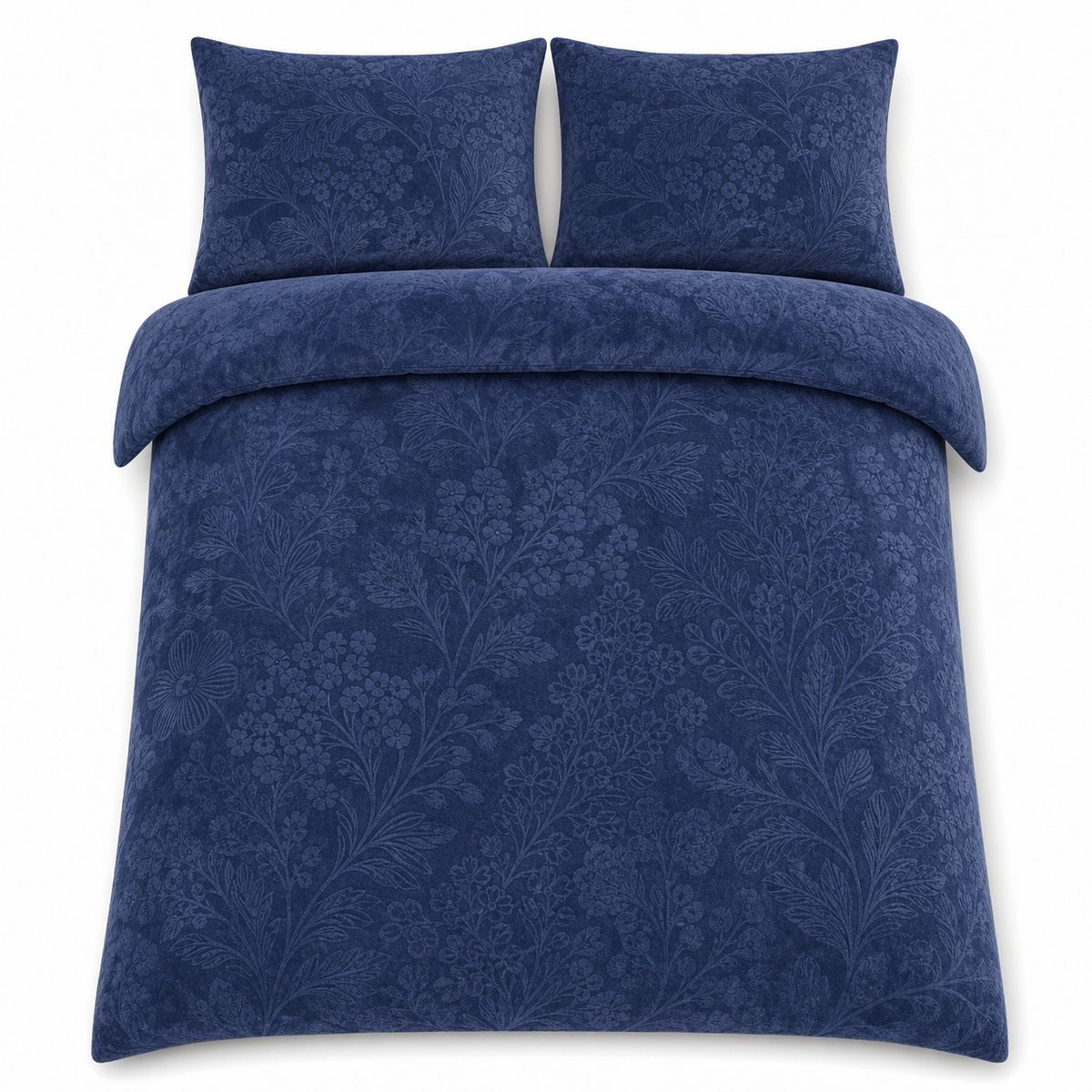 Overhead flat lay of the Berkley Velvet Floral Duvet Cover Set with two matching pillowcases