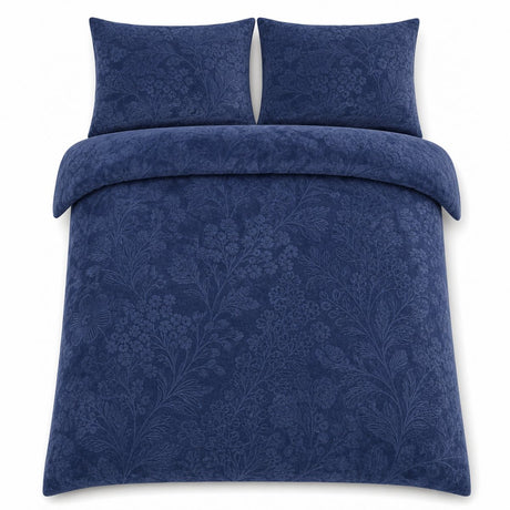 Overhead flat lay of the Berkley Velvet Floral Duvet Cover Set with two matching pillowcases