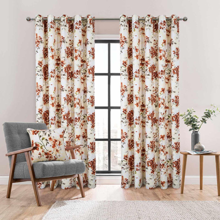 Betty Floral Eyelet Curtains Terracotta - Ideal
