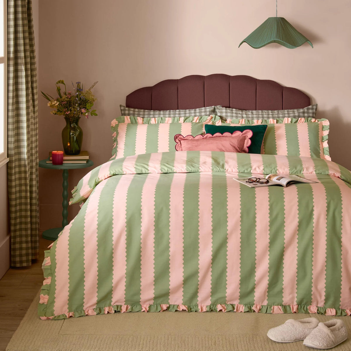 Birdie Stripe Pink + Green Duvet Cover Bedding Set - additional product view 1