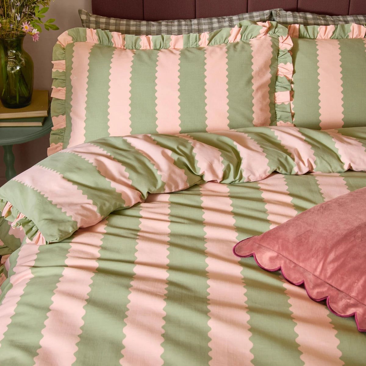 Birdie Stripe Pink + Green Duvet Cover Bedding Set - additional product view 2