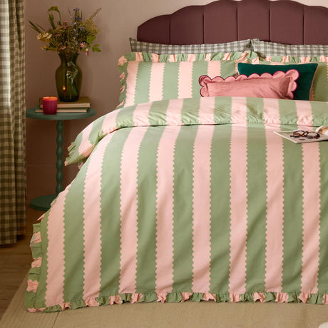 Birdie Stripe Pink + Green Duvet Cover Bedding Set - additional product view 3