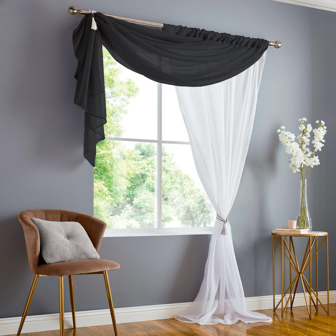 Double Display Sheer Black Voile Curtains Panel