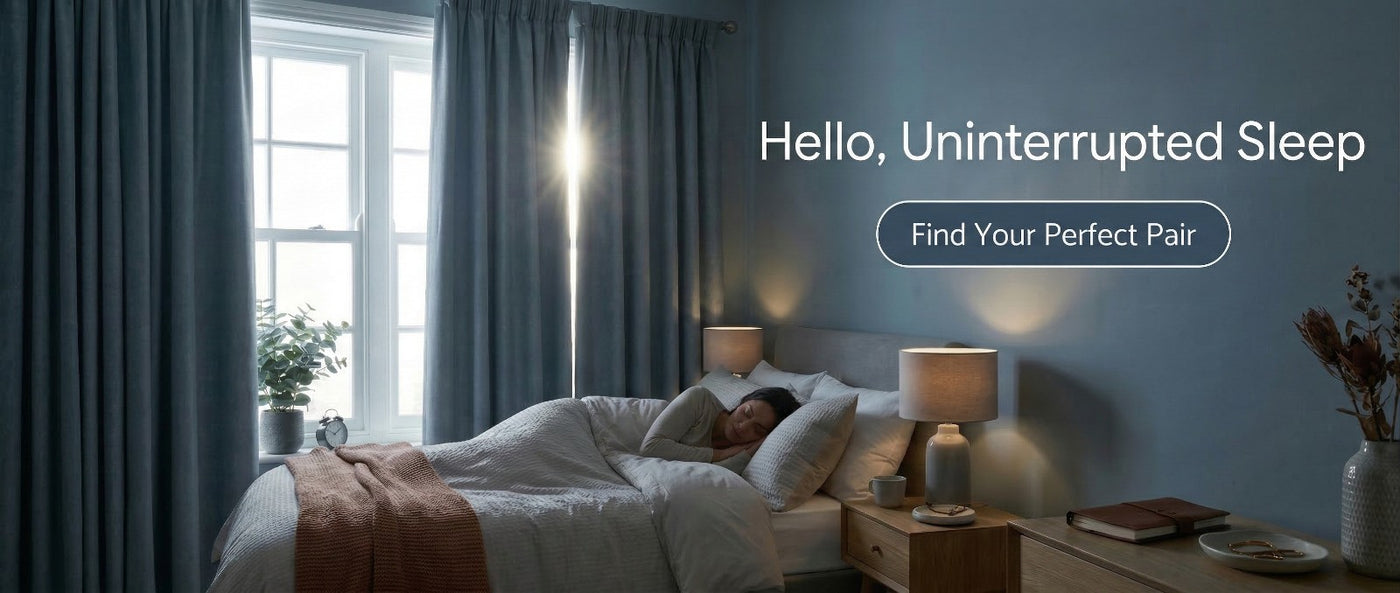 Bedroom with a person sleeping, soft lighting, and text 'Hello, Uninterrupted Sleep'.