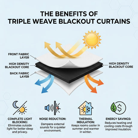 Diagram of triple weave blackout curtains with labeled benefits on a light blue background.