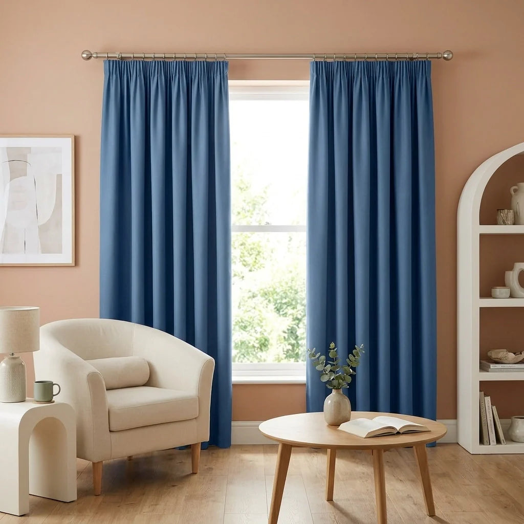 Essential 95% Blue Thermal Blackout Pencil Pleat Curtains