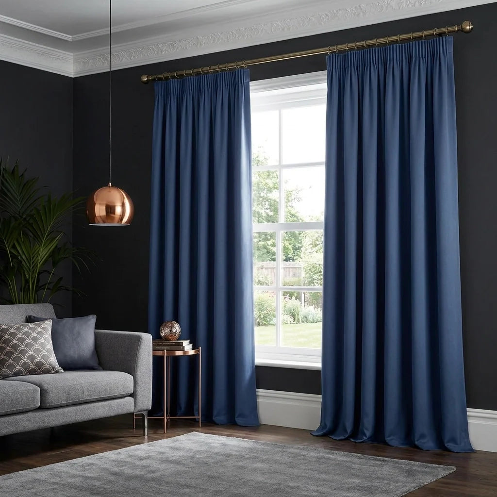 Blue 100% Blackout Thermal Pencil Pleat Curtains