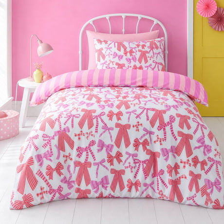 Bow and Stripes Microfibre Duvet Cover Set in pink styled on a coordinated bedroom bed