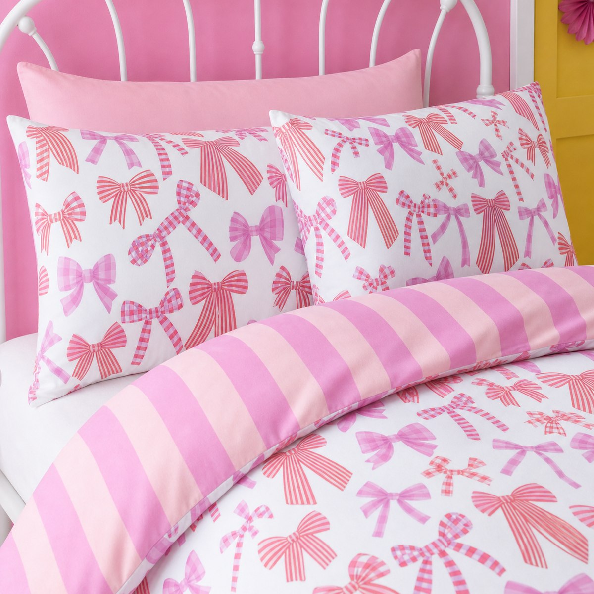 Close-up of Bow and Stripes Microfibre Duvet Cover Set in pink pillowcases showing the print and fabric detail