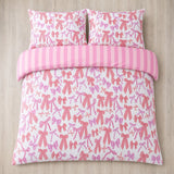Overhead flat lay of the Bow and Stripes Microfibre Duvet Cover Set in pink with two matching pillowcases