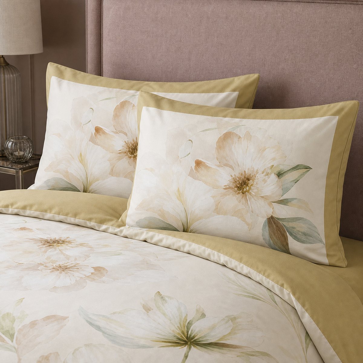 Close-up of Brielle Gold cotton pillowcases showing the magnolia floral print and gold reverse edge