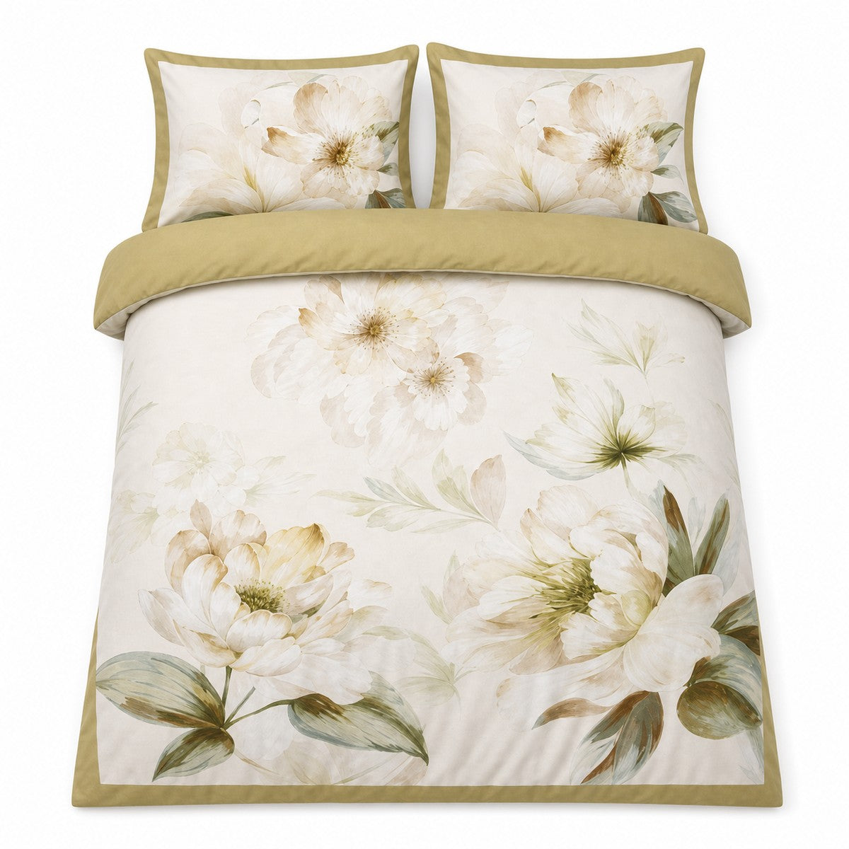 Overhead flat lay of the Brielle Gold cotton duvet cover set with two pillows and gold reverse edge