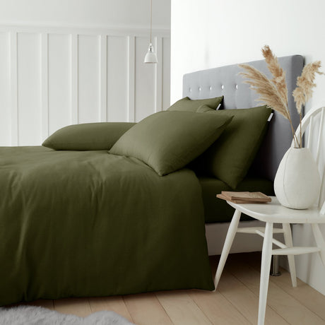 Catherine Lansfield Green Brushed Cotton Flannelette Duvet Cover Set - Green