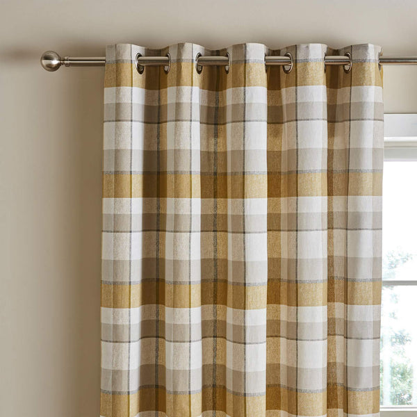 Brushed Cotton Thermal Check Eyelet Curtains Ochre - Ideal
