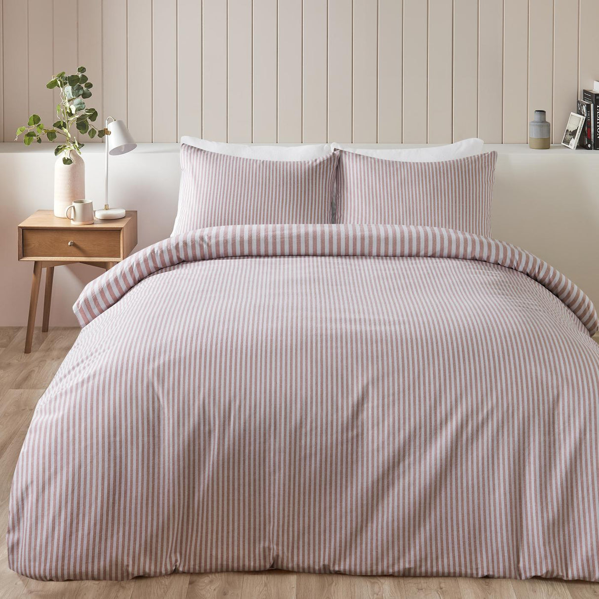 Catherine Lansfield Brushed Stripe Cotton Reversible Super King Duvet Cover Set with Pillowcases Blush Pink
