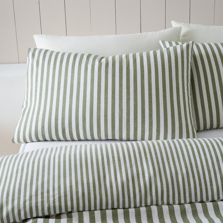 Catherine Lansfield Brushed Stripe Cotton Reversible Super King Duvet Cover Set with Pillowcases Green