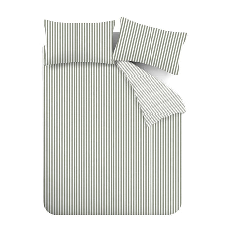 Catherine Lansfield Brushed Stripe Cotton Reversible Super King Duvet Cover Set with Pillowcases Green