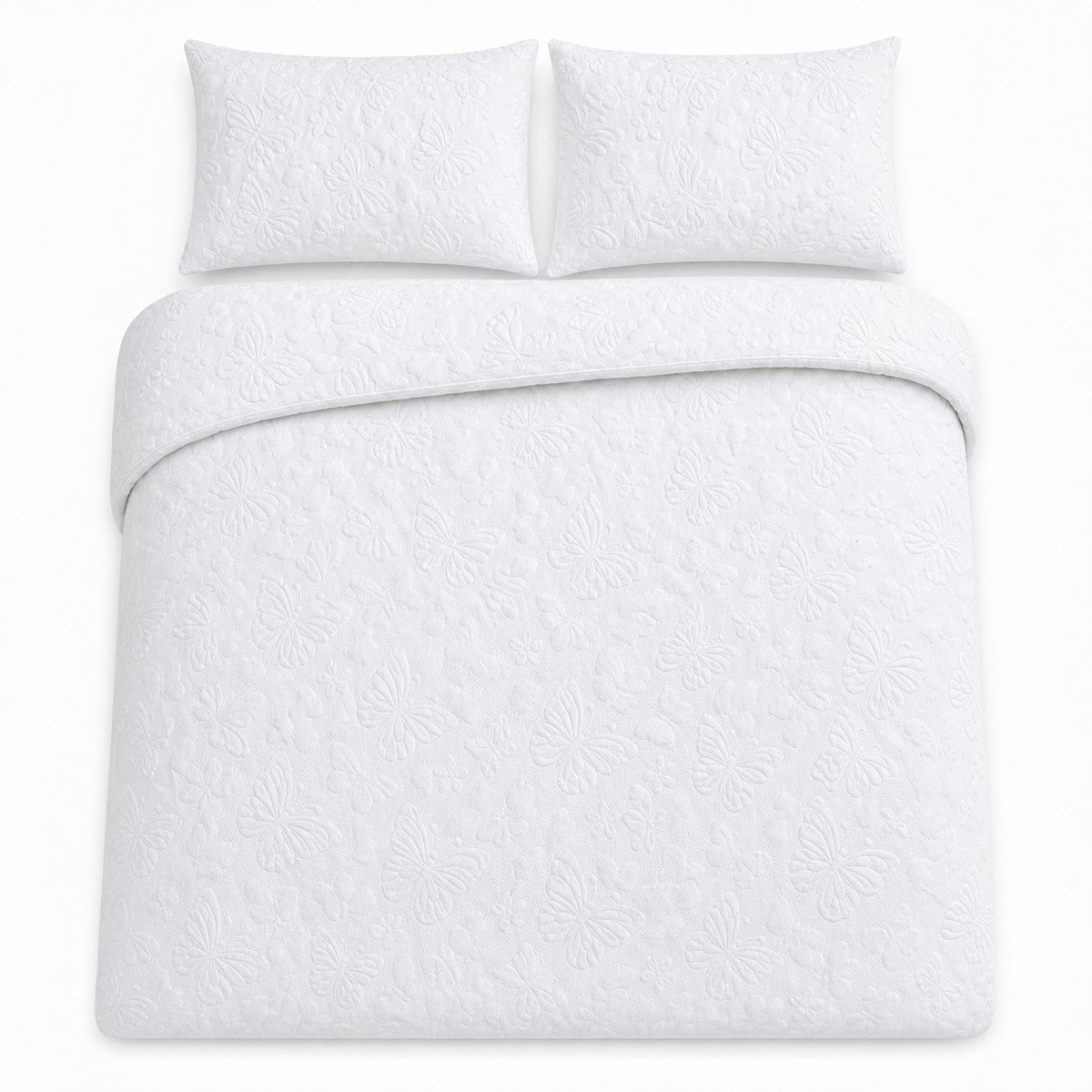 Overhead flat lay of the Butterfly Garden white microfibre duvet cover set with two pillows