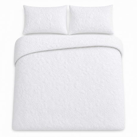 Overhead flat lay of the Butterfly Garden white microfibre duvet cover set with two pillows