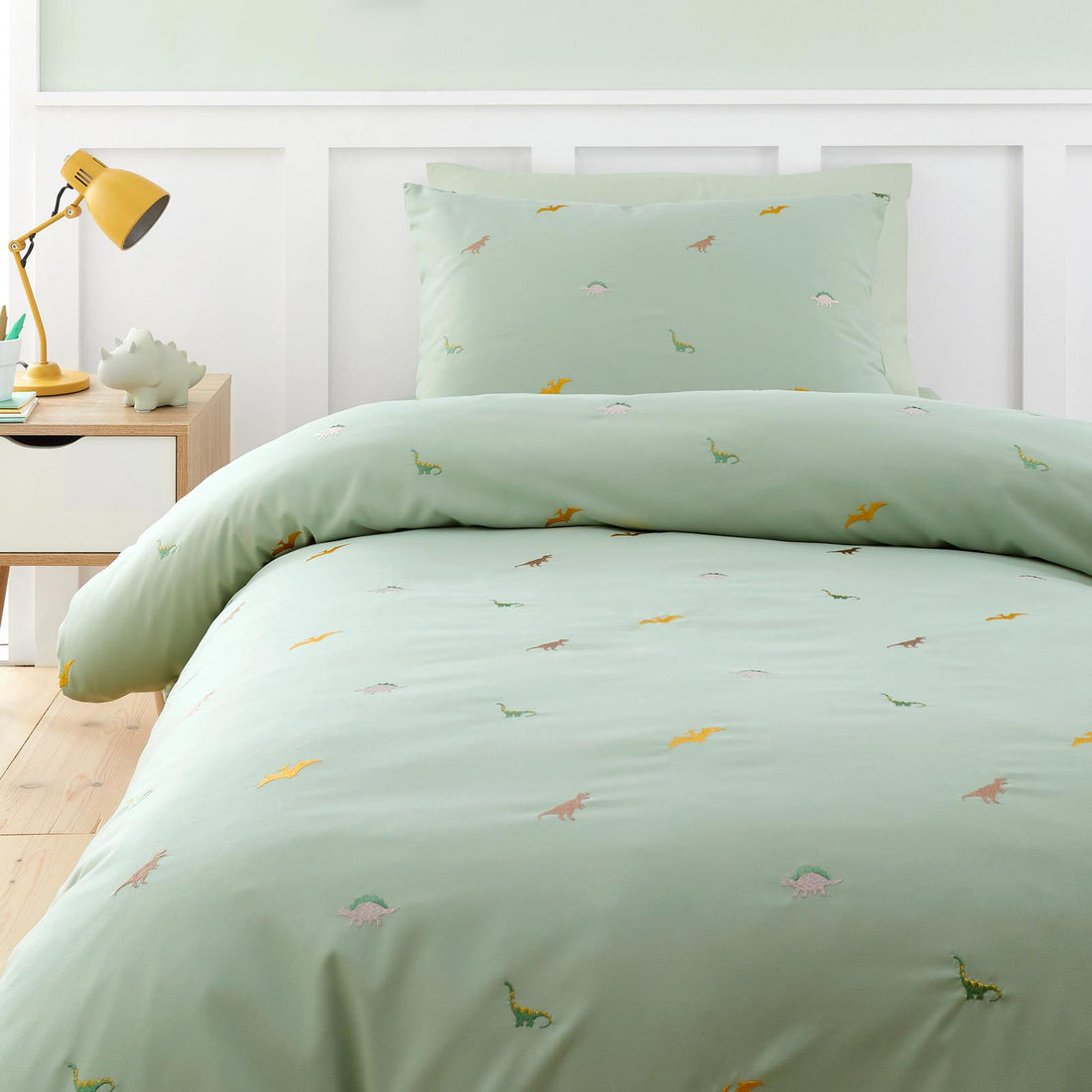Catherine Lansfield Embroidered Dinosaur Kids Green Duvet Cover Set