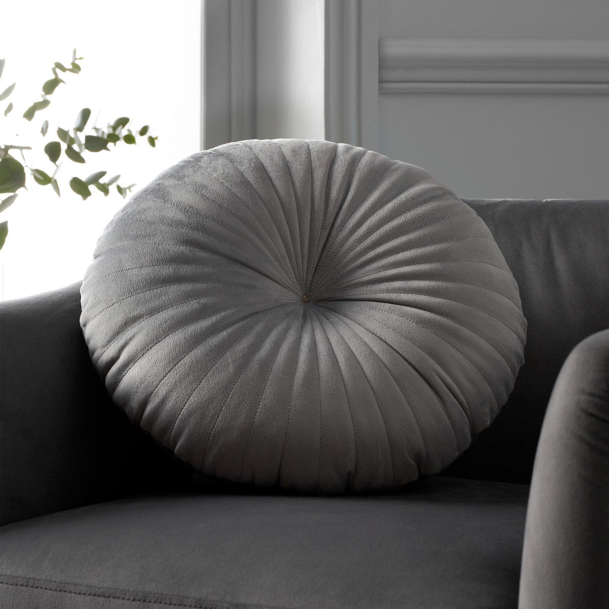 Catherine Lansfield Pleated Round Button Filled Cushion - Grey