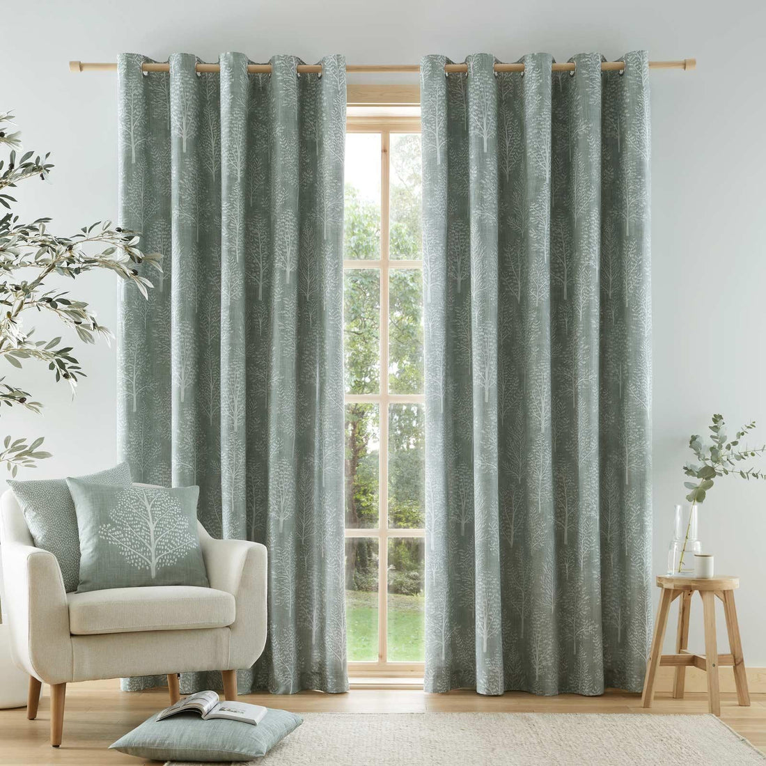 Catherine Lansfield Alder Trees Green Sage 100% Cotton Eyelet Curtains