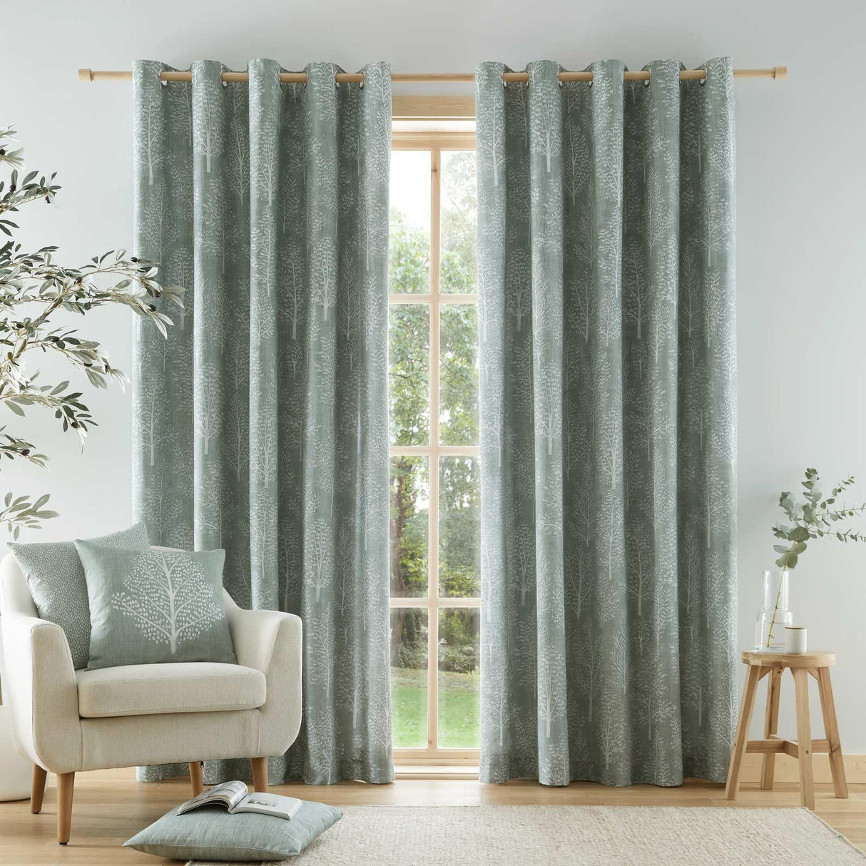 Catherine Lansfield Alder Trees Green Ready Made Eyelet Curtains - Sage