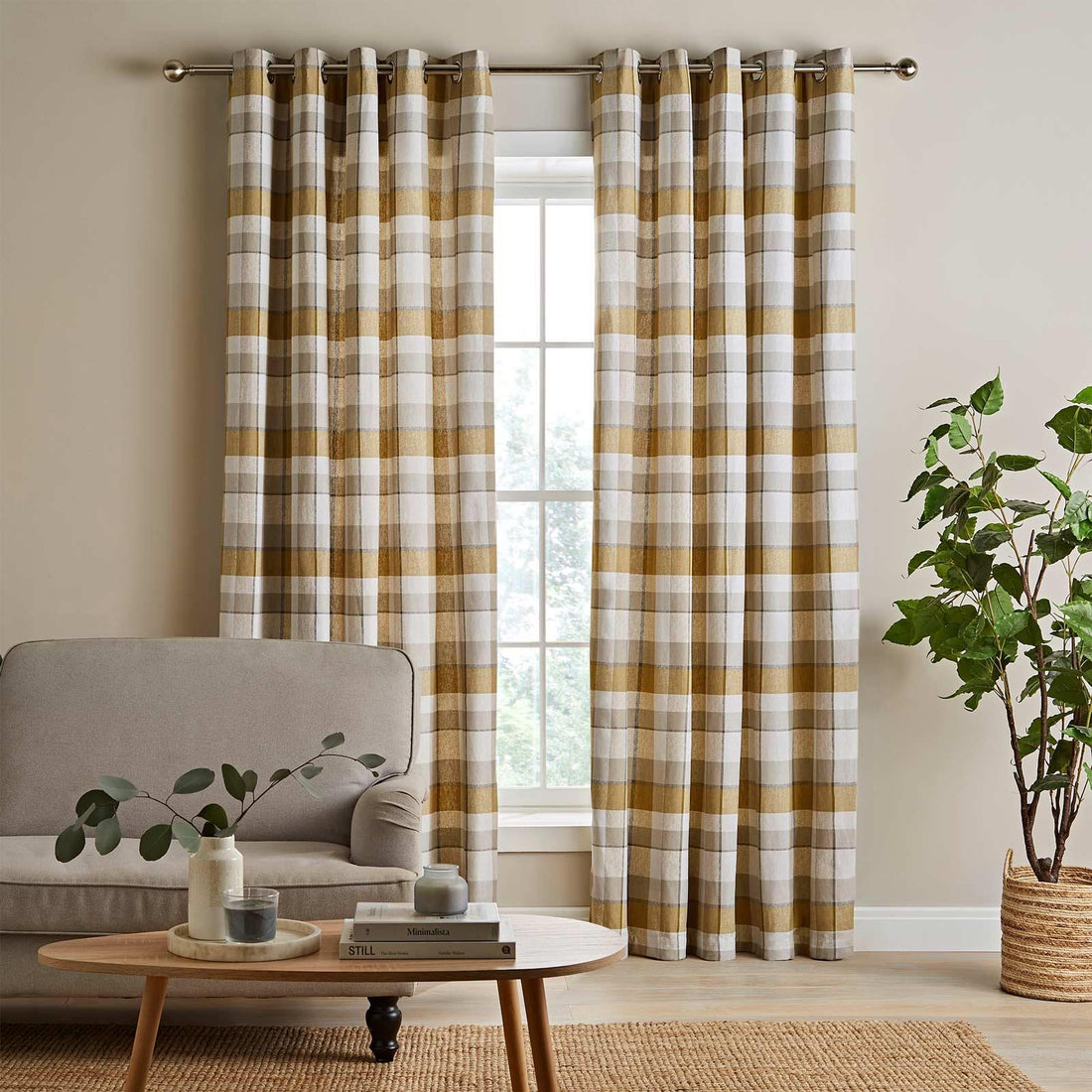 Catherine Lansfield Check Ochre Brushed Cotton Thermal Dimout Eyelet Curtains