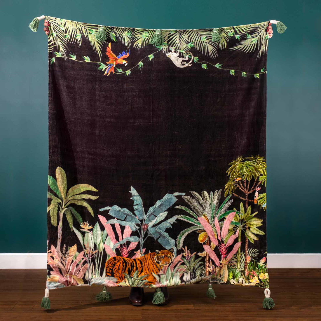 Midnight Jungle Noir 100% Cotton Velvet Throw Blanket 120cm x 150cm