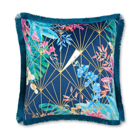 Aloria Botanical Tassel Fringe Navy Cushion by Hyperion Interiors