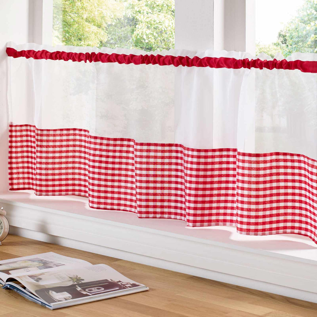 Gingham Voile Curtain Café Panel Red