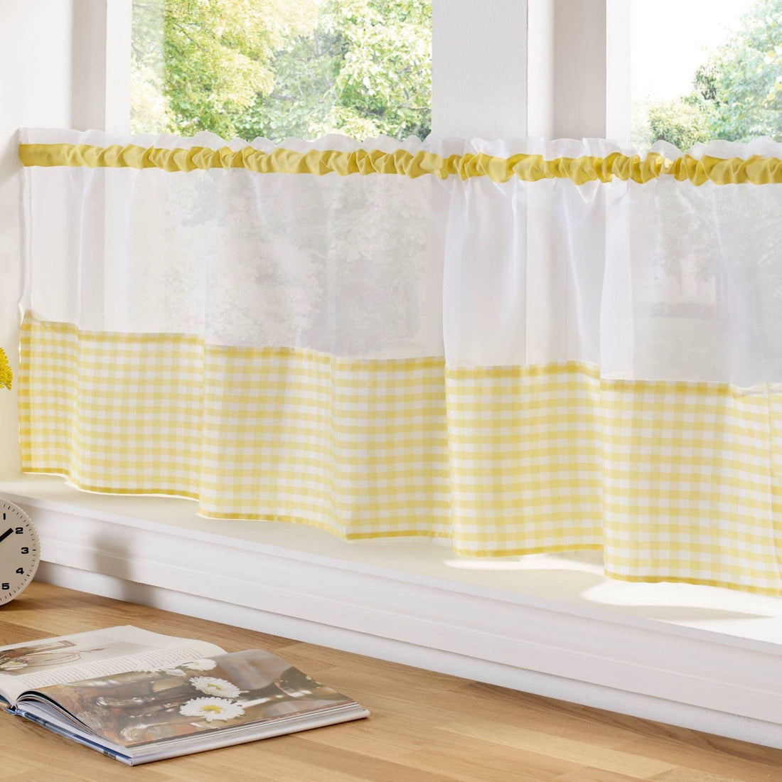 Gingham Voile Curtain Café Panel Yellow