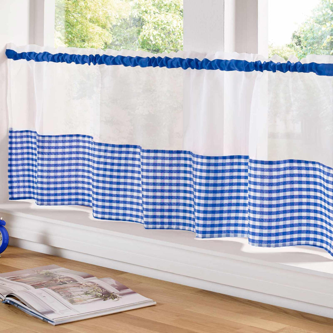 Gingham Voile Curtain Café Panel Blue
