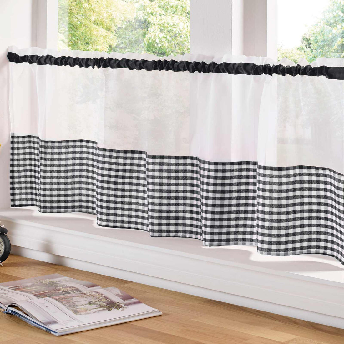 Gingham Voile Curtain Café Panel Black