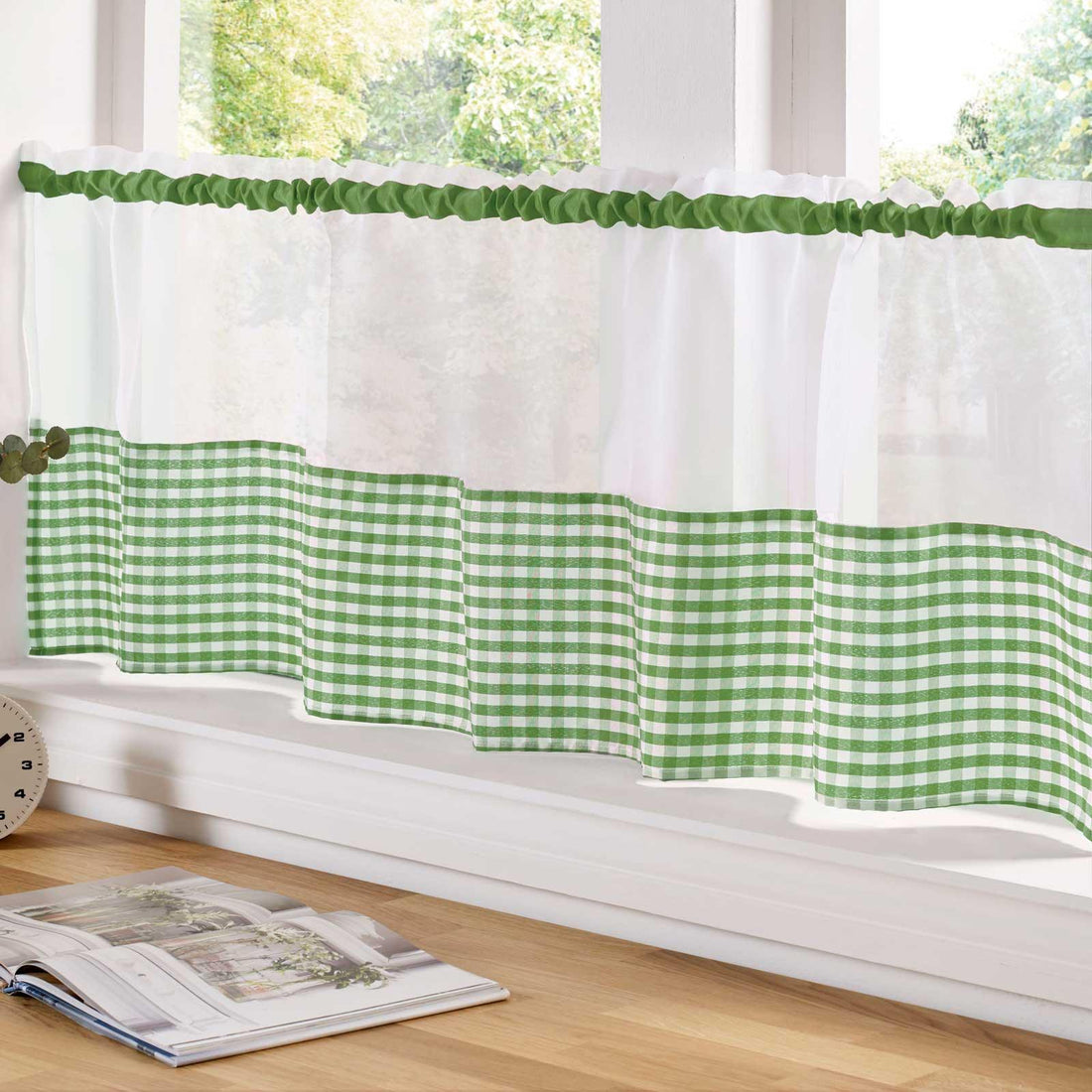 Gingham Voile Curtain Café Panel Green
