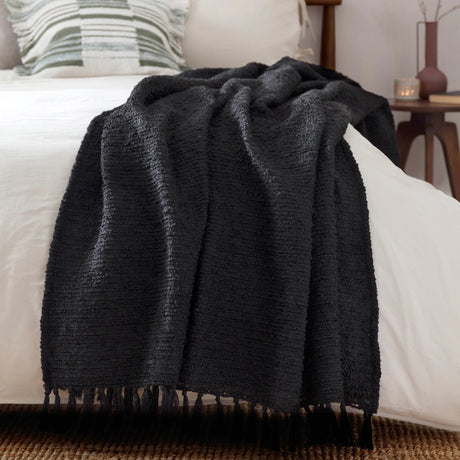 Candar Boucle Woven Tasselled Black Throw Blanket 130cm x 170cm - additional product view 1