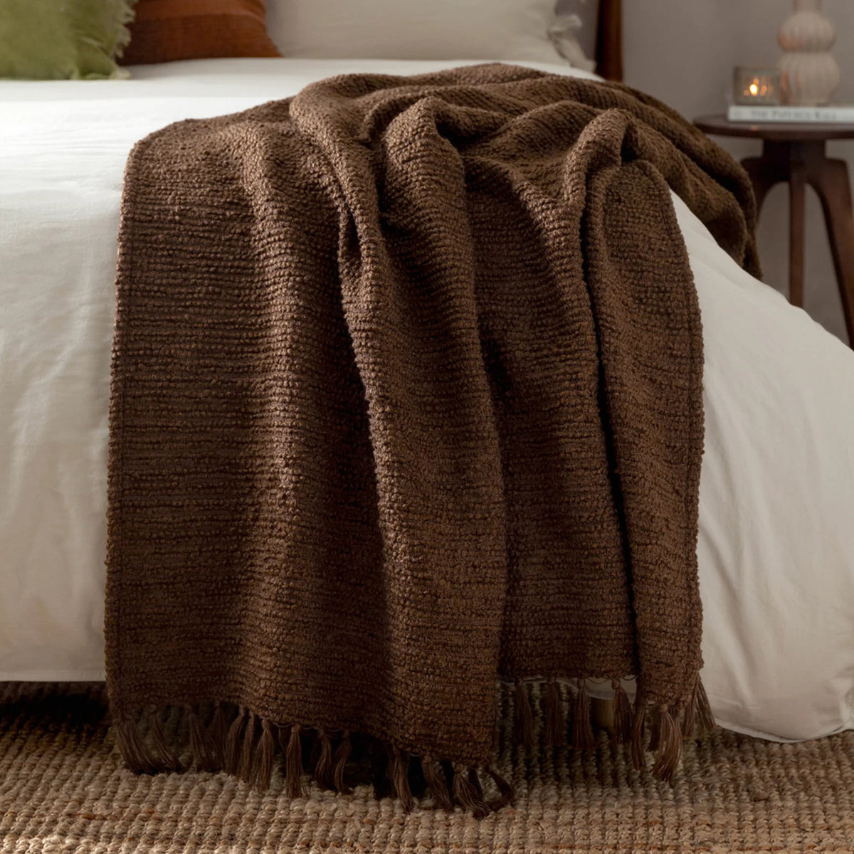 Candar Boucle Woven Tasselled Cocoa Throw Blanket 130cm x 170cm - additional product view 1
