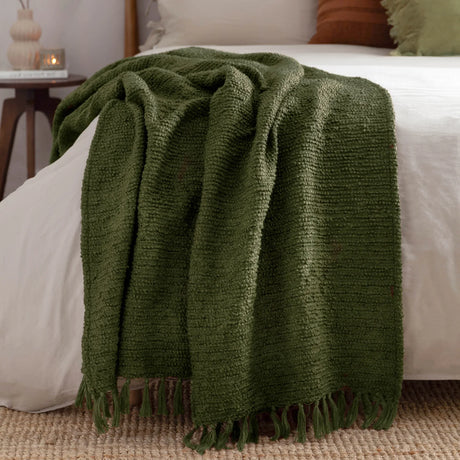 Candar Boucle Woven Tasselled Khaki Throw Blanket 130cm x 170cm - additional product view 1