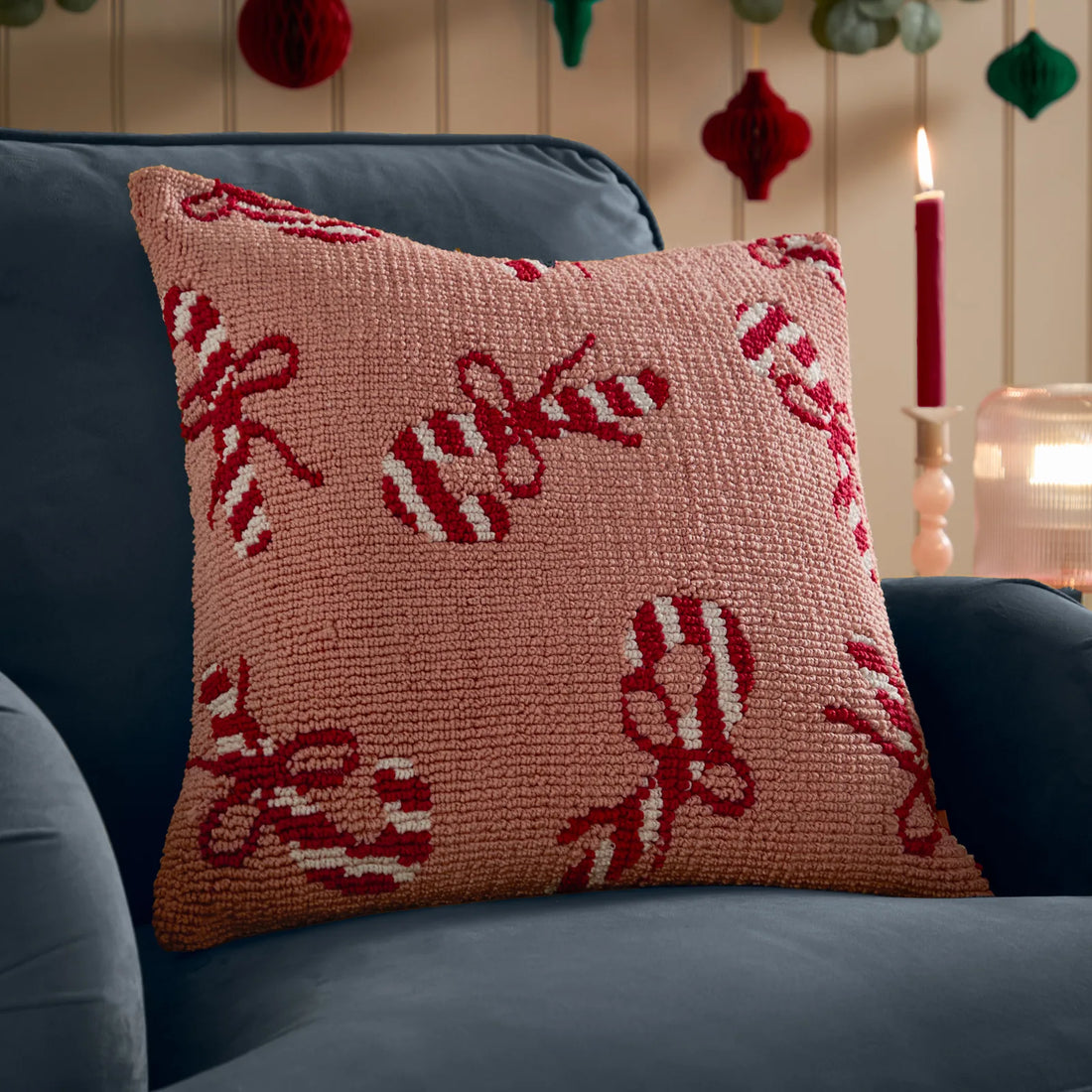 Candy Canes Tufted Cushion Cover Pink/Red 45 x 45cm