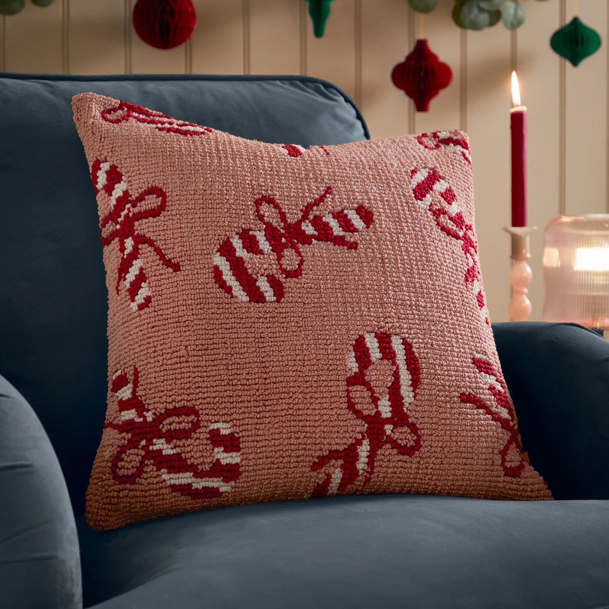 Candy Canes Tufted Cushion Cover Pink/Red 45 x 45cm - image 1