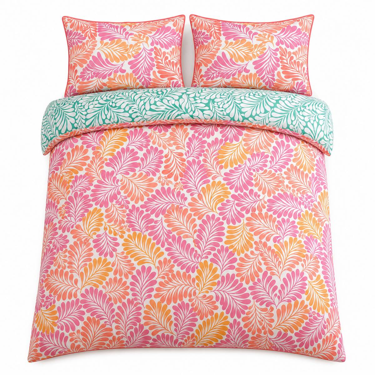 Overhead flat lay of the Carmen Pink cotton duvet cover set with two pillows and teal reverse fold