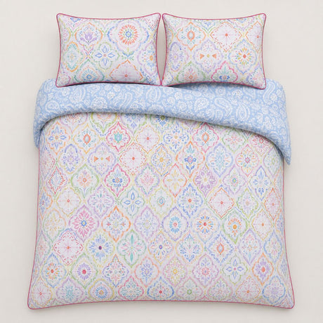 Overhead flat lay of the Casablanca multicolour cotton duvet cover set with two pillows