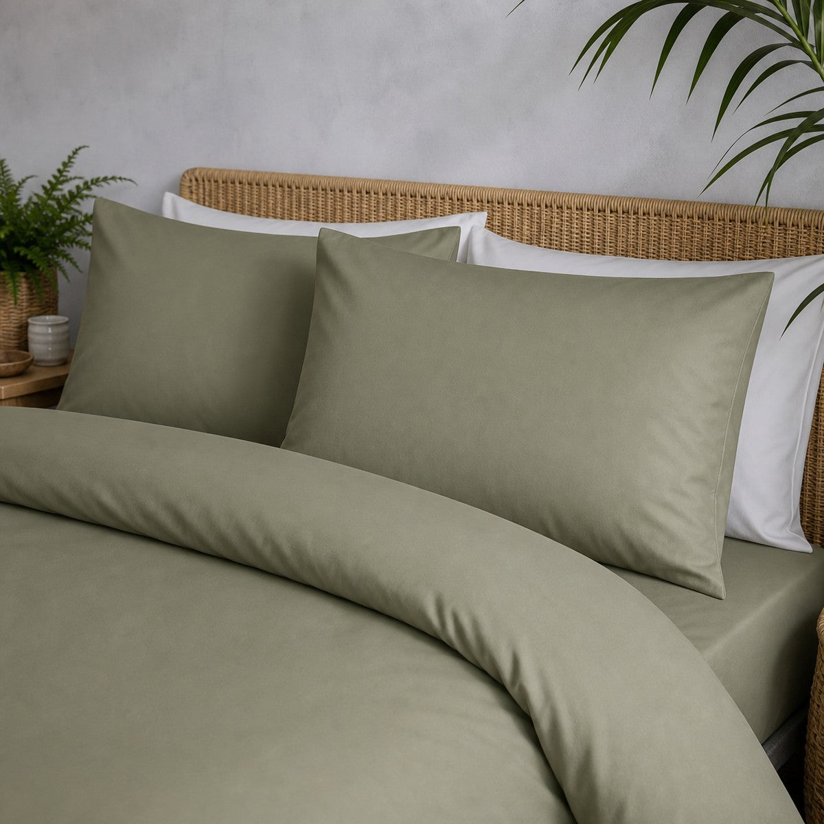 Close-up of Cassia Khaki cotton pillowcases showing the smooth plain fabric