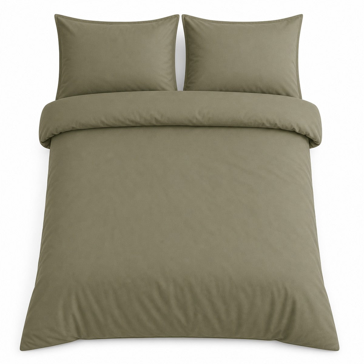 Overhead flat lay of the Cassia Khaki cotton duvet cover set with two matching pillows